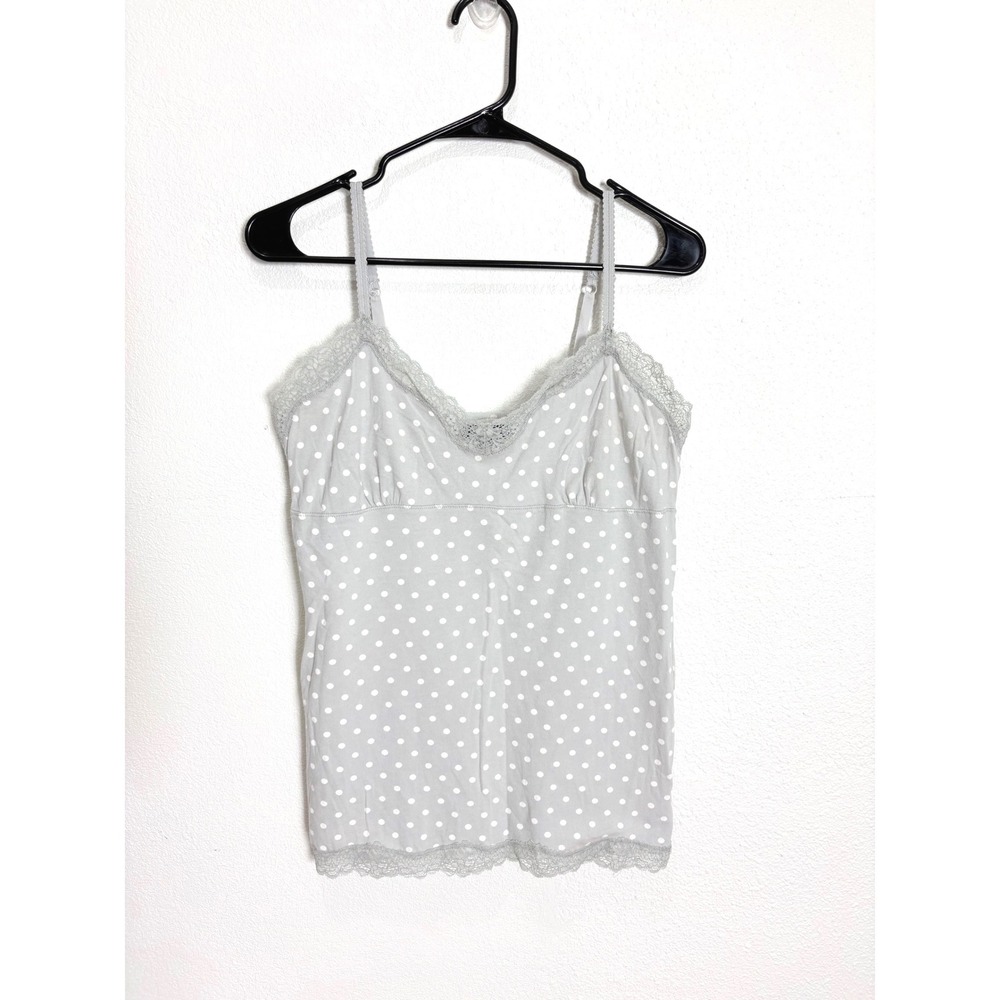 Y2K Vintage American Eagle Grey Polka Dot Lace Trim Cami Tank Top Size Large